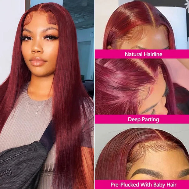 13x6 Lace 99j Red Burgundy Colored HD Lace Frontal Human Hair Wigs 13x6 Lace Front Human Hair Wigs Trendy Color Human Hair Wigs